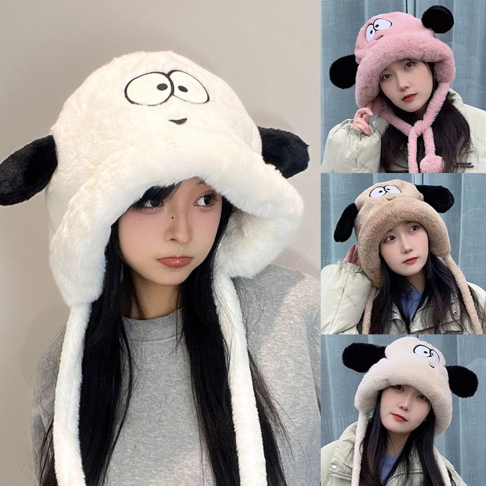 Beanie Cuffed Knit - หมวกกันหนาวสำหรับผู้หญิงลายการ์ตูนหูสุนัขน่ารัก พร้อมที่ปิดหูขนฟู ‎ หมวกกันหนาวสำหรับปั่นจักรยานกลางแจ้ง