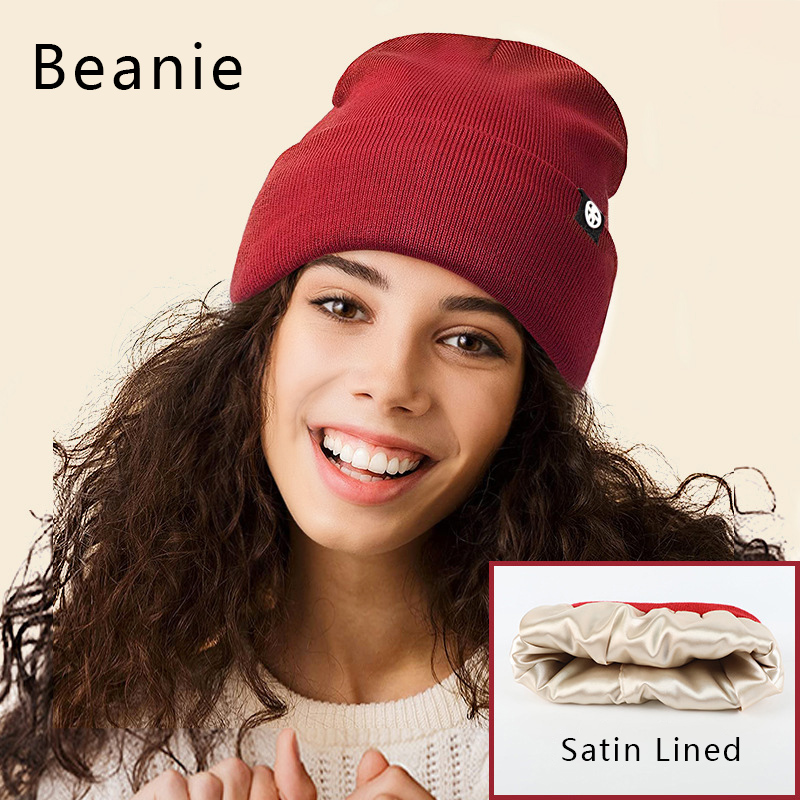 Beanie Cuffed Knit - หมวกบีนนี่ถักเนื้อแน่นบุด้วยผ้าซาตินสำหรับผู้ชายและผู้หญิง ให้ความอบอุ่น ป้องกันหู หมวกกันหนาวสำหรับฤดูหนาว ยืดหยุ่น ใช้กลางแจ้งได้